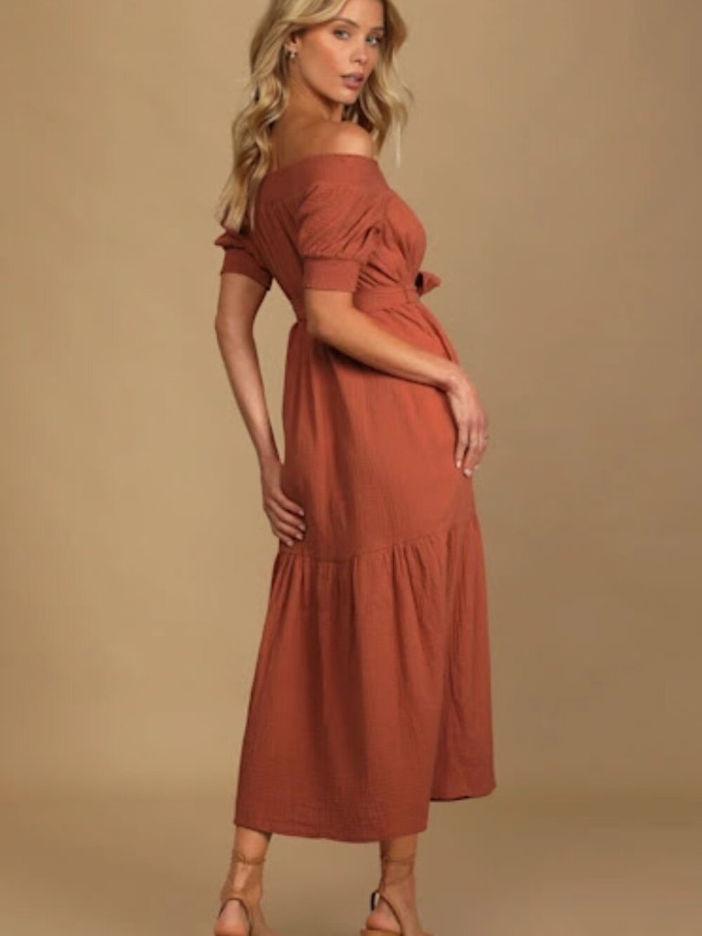 NWT Lulu's Ready for Sunshine Rust Orange Off-the-Shoulder Midi Maxi Dress M - Picture 3 of 5